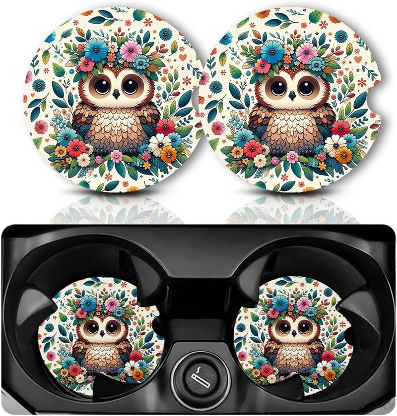 Yonlevres Car Coasters for Cup Holders，2.75" Universal Size Anti Slip Rubber Mat with A Finger Notch, 2 Pack Cup Holder Coasters for Car Interior Accessories for Women Men Flower Owl - Image 1